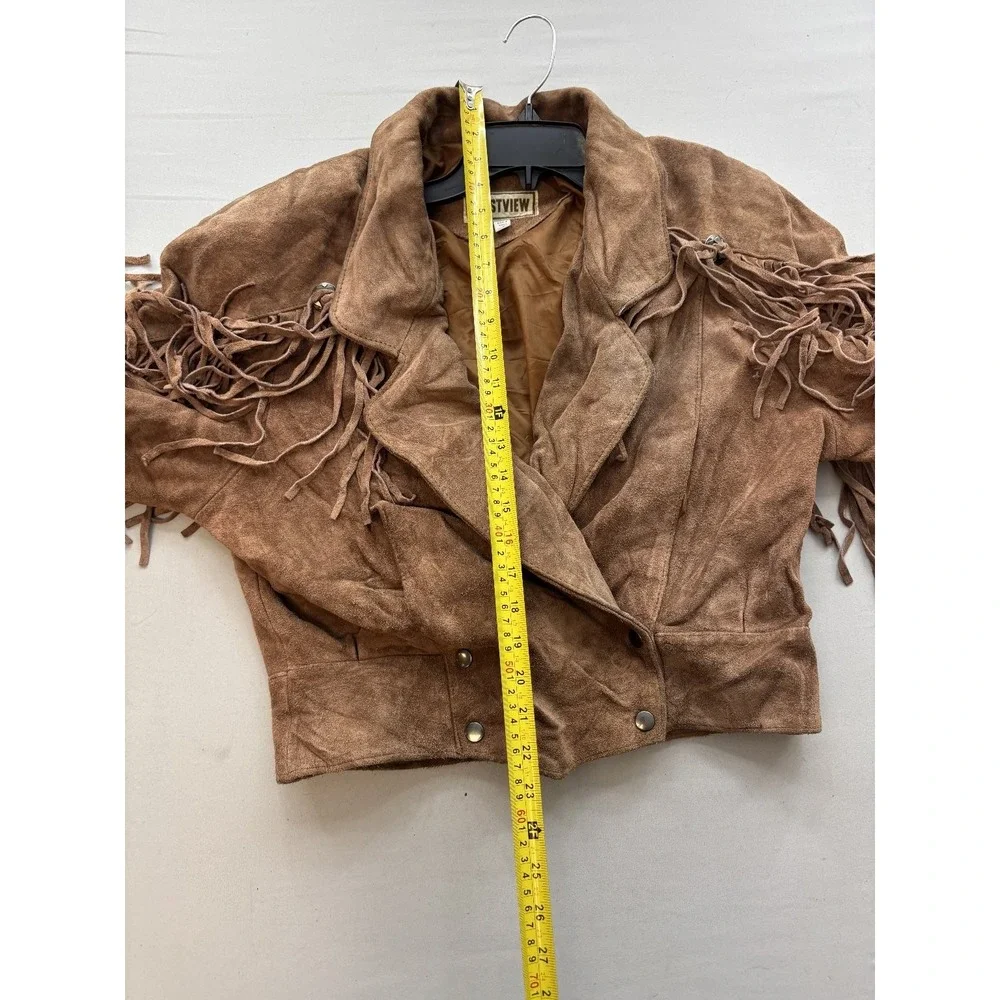 WESTVIEW Womens Brown Suede Leather Fringe Jacket Small S Western Boho Cropped